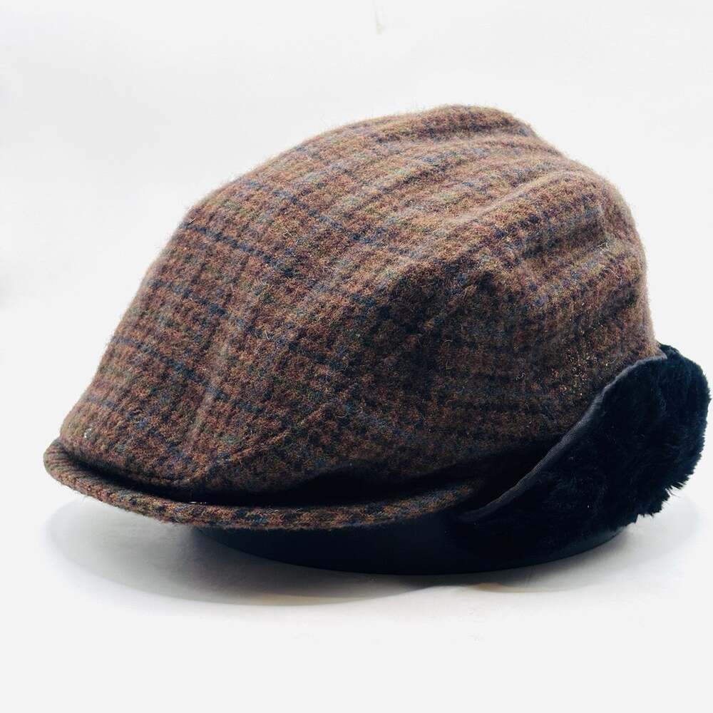 Vintage Newsboy Flat Cap Wool Ear Flap Size Large Brown Herringbone